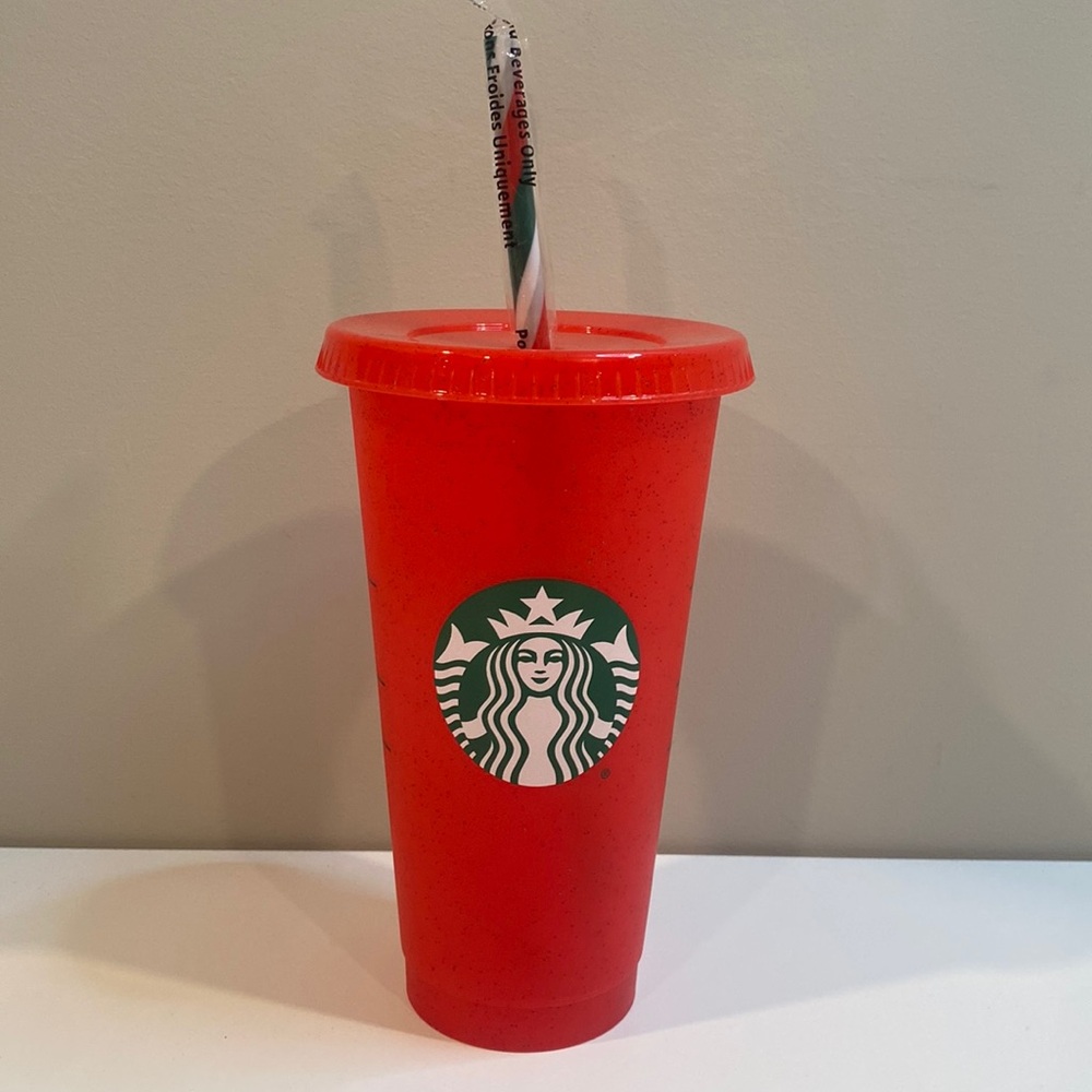 Starbucks 2023 Christmas Holiday Reusable 24oz Red Glitter Cold Cup With Straw